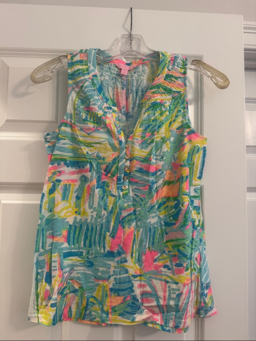 Lilly Pulitzer Sleeveless V-Neck Brushstroke Print Top in Teal, Pink, Yellow